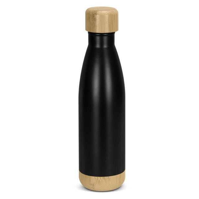Sleek black 500ml vacuum bottle with bamboo lid, keeps drinks hot or cold, ideal for on-the-go hydration.