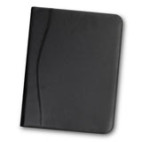 Sleek black A4 leather portfolio with zip closure, internal pockets for documents, cards, and a lined notepad, ideal for professionals.