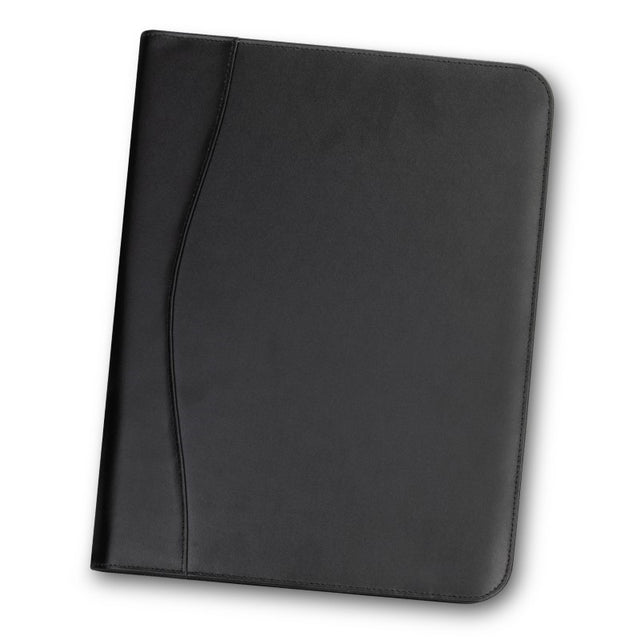 Sleek black A4 leather portfolio with zip closure, internal pockets for documents, cards, and a lined notepad, ideal for professionals.