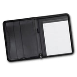 Sleek black A4 leather portfolio with zip closure, three document pockets, pen loop, and card holder for professional organization.