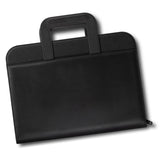 A4 Travel Portfolio in black featuring zip closure, multiple document pockets, and foldaway handles for easy transport.