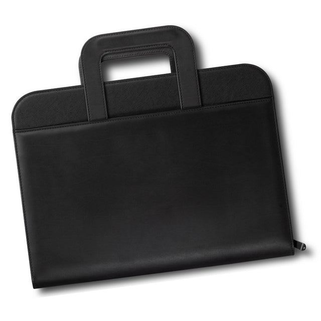 A4 Travel Portfolio in black featuring zip closure, multiple document pockets, and foldaway handles for easy transport.