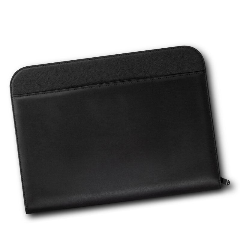 A4 Travel Portfolio in black with foldaway handles, zipped closure, and multiple pockets for documents and business cards.