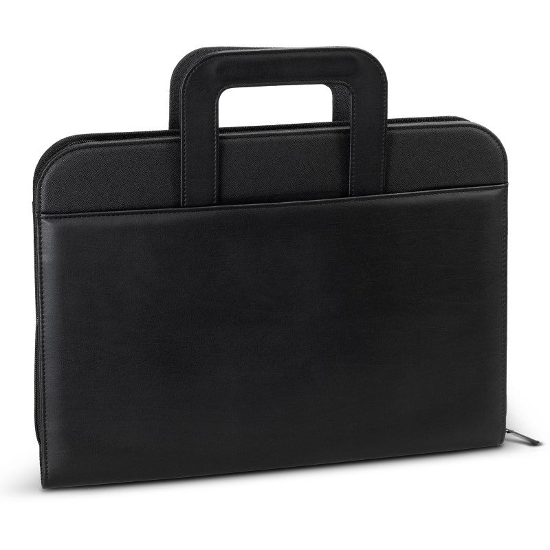 Sleek A4 Travel Portfolio in black, featuring foldaway handles, zipped closure, and multiple pockets for organization.