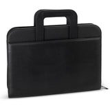 Sleek A4 Travel Portfolio in black, featuring foldaway handles, zipped closure, and multiple pockets for organization.