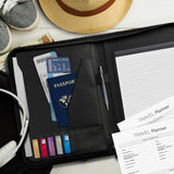Sleek black A4 Travel Portfolio with zipped closure, foldaway handles, multiple document pockets, and pen loops for organization.
