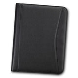 Black Carrington A4 Portfolio with zippered closure, removable binder, multiple pockets, and pen loops for professional organization.