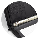Stylish black A4 portfolio with zip closure, metal ring binder, multiple pockets, and pen loops for organized professional use.