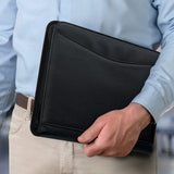 Sleek black A4 portfolio with zip closure, removable binder, and multiple pockets for documents and business cards.