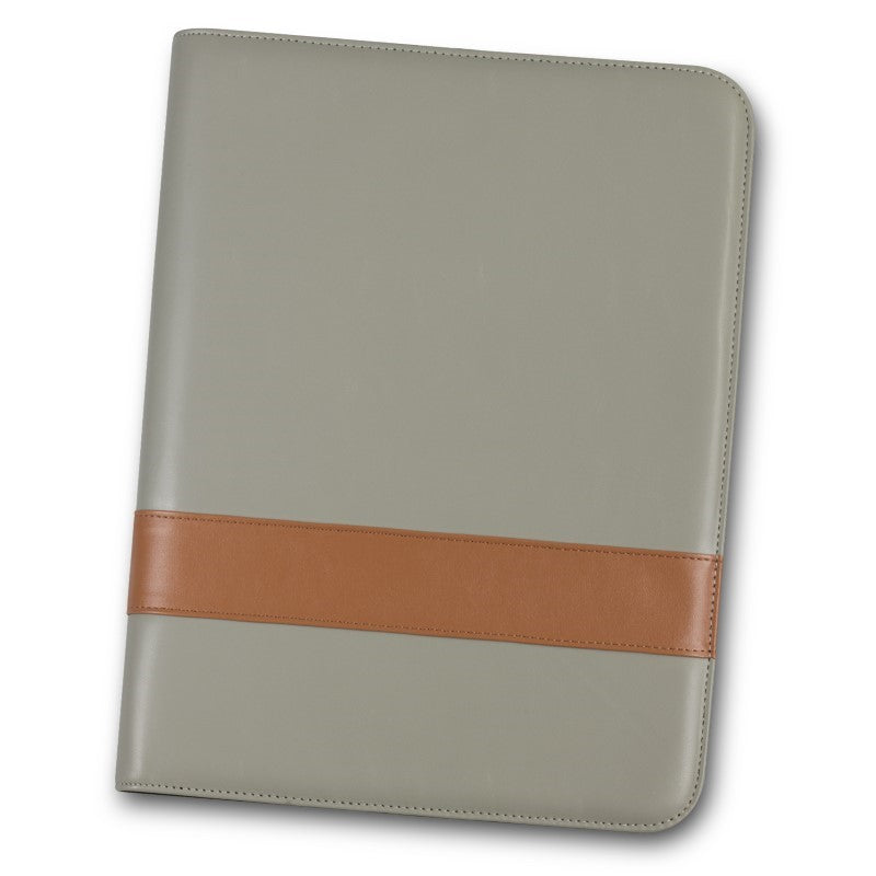 A4 Nirvana portfolio in grey/tan with zip closure, notepad, phone stand, and business card holders for organized professionals.