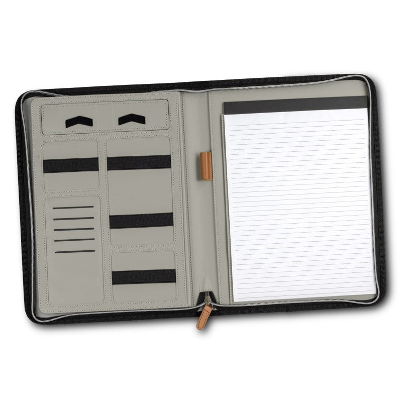 Stylish grey and tan A4 portfolio in PU leather with zip closure, notepad, phone stand, and multiple card holders.
