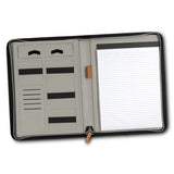 Stylish grey and tan A4 portfolio in PU leather with zip closure, notepad, phone stand, and multiple card holders.