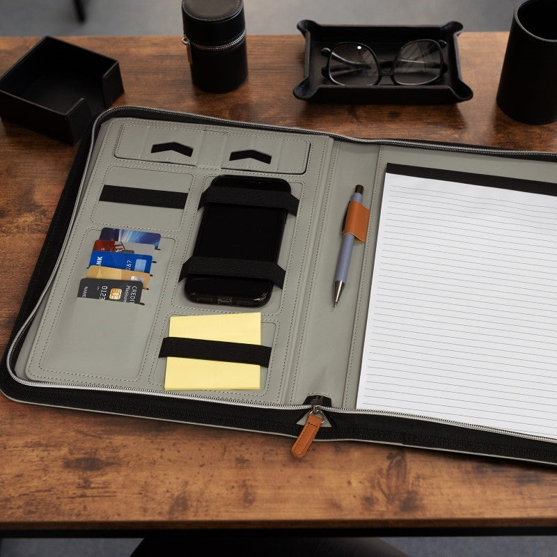 Grey and tan A4 portfolio featuring zip closure, notepad, phone stand, and multiple card holders for professionals and students.