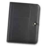 Sleek black A4 portfolio with a thermo PU finish, featuring multiple pockets and a secure closure for professionals and students.