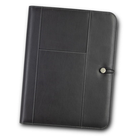 Sleek black A4 portfolio with a thermo PU finish, featuring multiple pockets and a secure closure for professionals and students.