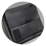 Sleek black A4 portfolio with metal closure, multiple pockets, and notepad, ideal for professionals and students.