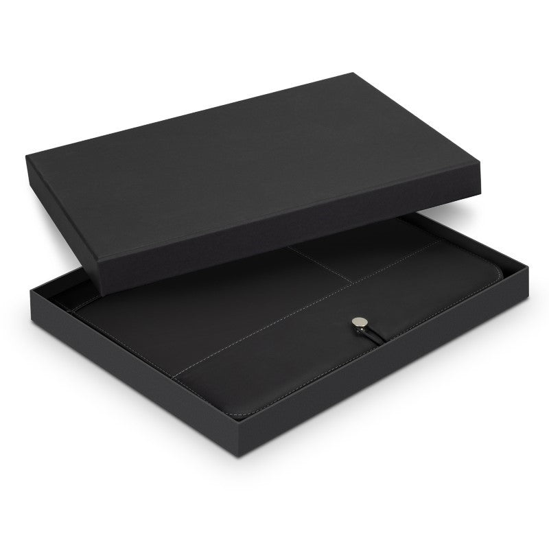 Sleek black A4 portfolio with metal closure, elastic loop, and multiple pockets for documents and business cards.