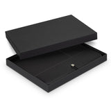 Sleek black A4 portfolio with metal closure, elastic loop, and multiple pockets for documents and business cards.