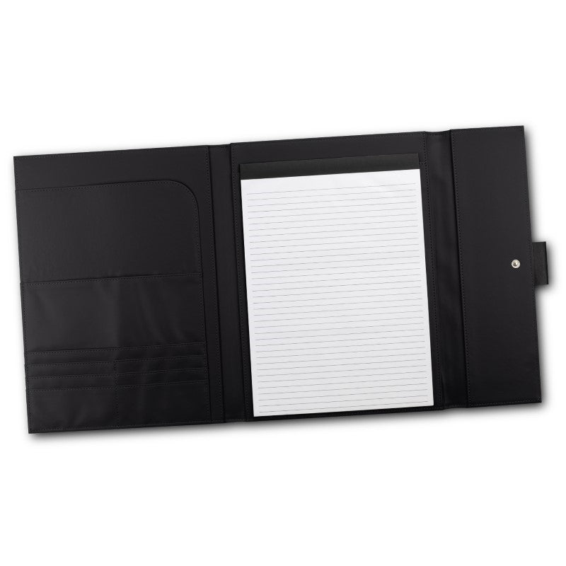 Stylish black A4 portfolio with dome closure, pen loop, notepad, slip pockets, and business card holders for professionals.