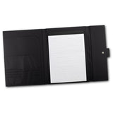 Stylish black A4 portfolio with dome closure, pen loop, notepad, slip pockets, and business card holders for professionals.