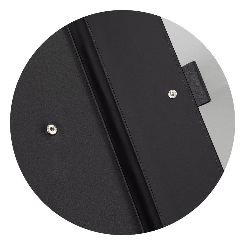 Elegant black A4 portfolio made of Smart PU leather with a dome closure, pen loop, notepad, slip pockets, and card holders.