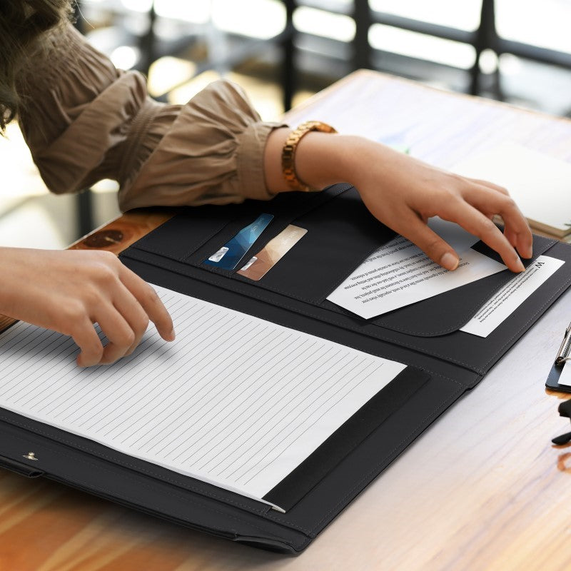 Elegant black A4 portfolio made of Smart PU leather, featuring a dome closure, notepad, and card holders for professionals.