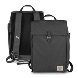 Osprey Arcane Flap Backpack in black, eco-friendly design with a padded laptop sleeve for 16-inch devices and multiple pockets.