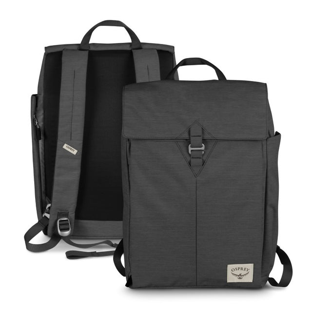 Osprey Arcane Flap Backpack in black, eco-friendly design with a padded laptop sleeve for 16-inch devices and multiple pockets.