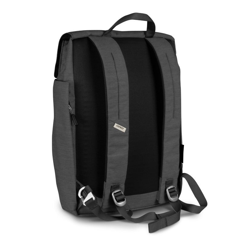 Osprey Arcane Flap Backpack in black, made from 100% recycled materials, featuring a padded laptop sleeve and stylish organization.