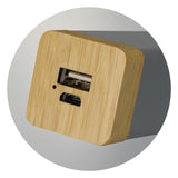 Eco-friendly charcoal power bank made from limestone and bamboo, featuring a 1200mAh battery and LED indicator.