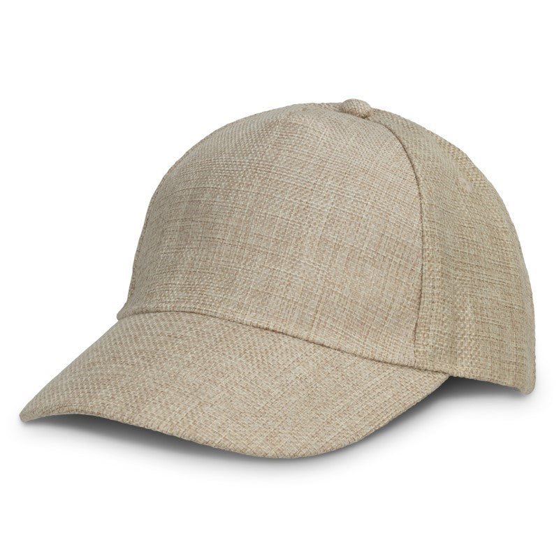 Lightweight five-panel cap set featuring a natural linen-look finish, adjustable buckle, and breathable design for outdoor comfort.
