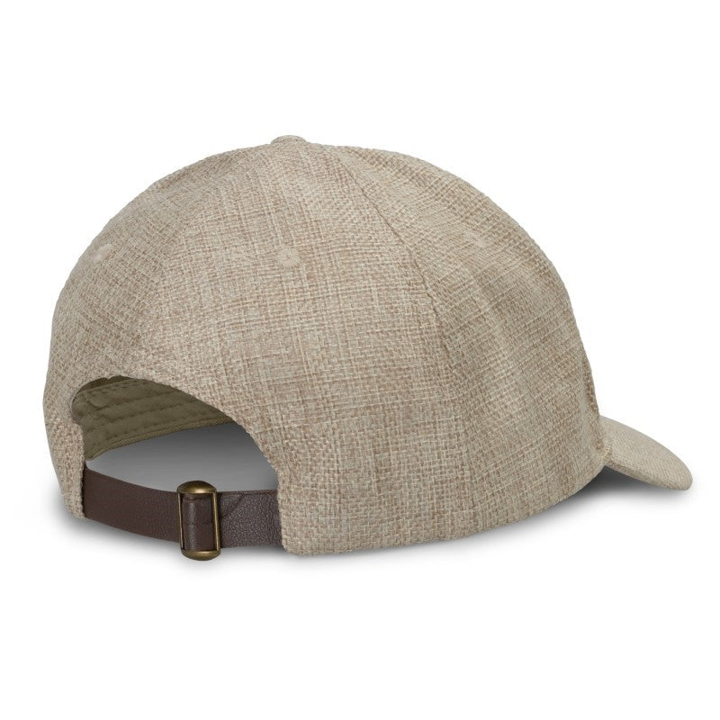 Set of 10 lightweight five-panel caps in natural linen-look, featuring adjustable buckle, embroidered eyelets, and curved peak.