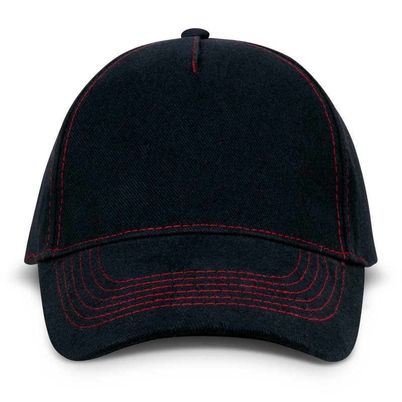 Set of 10 stylish Raven Black/Red caps with 5-panel design, adjustable buckle, and vibrant stitching for team or casual wear.