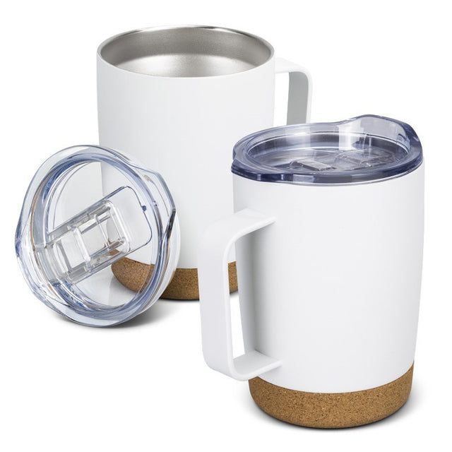 Sleek white 350ml vacuum mug with cork base, sliding lid, insulated steel design, ideal for travel and gifting.