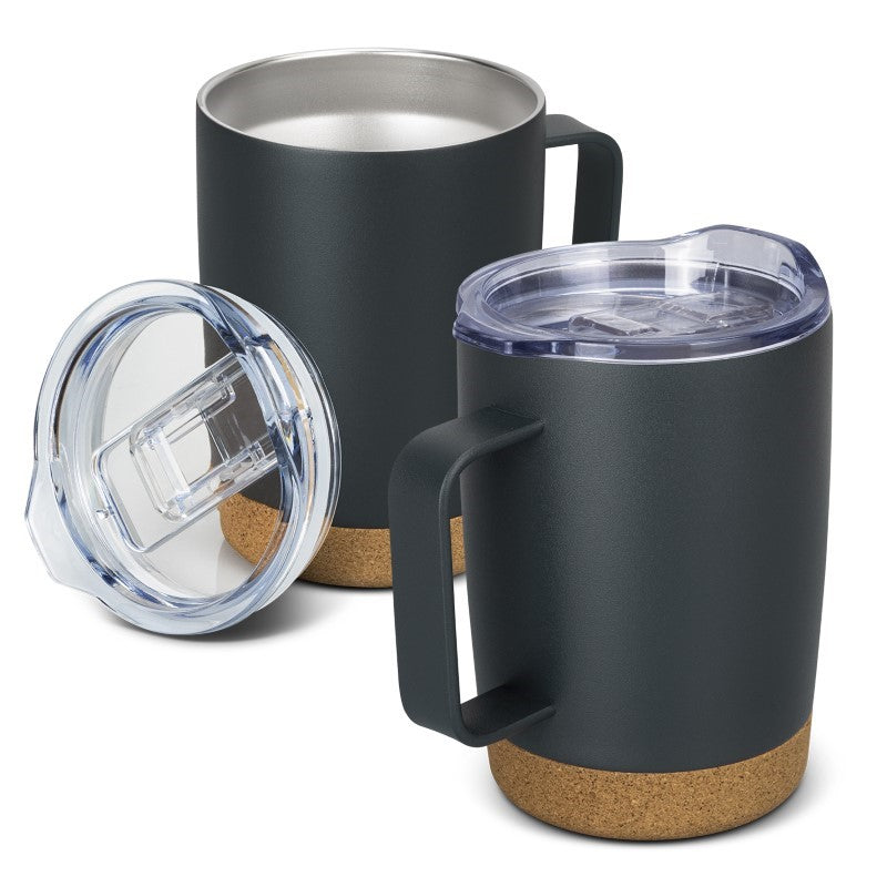 Stylish 350ml carbon vacuum mug with cork base, transparent sliding lid, and gift box, perfect for hot or cold beverages.