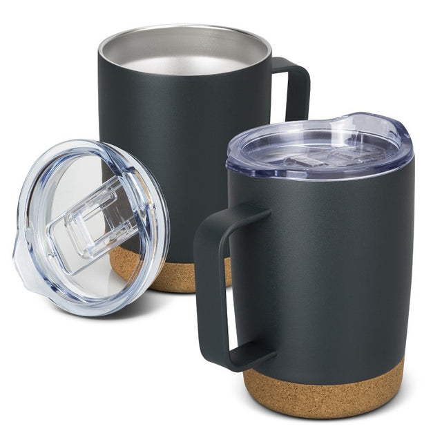 Stylish 350ml carbon vacuum mug with cork base, transparent sliding lid, and gift box, perfect for hot or cold beverages.
