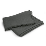 Luxurious charcoal throw blanket featuring herringbone design, eco-friendly fabric blend, and elegant fringe trim. Perfect for cozying up.