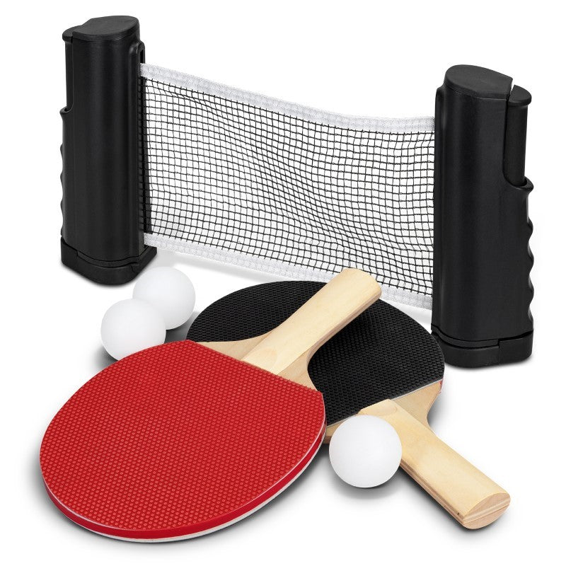 Portable Table Tennis Set featuring a retractable net, two paddles, and three balls, perfect for gaming on the go.