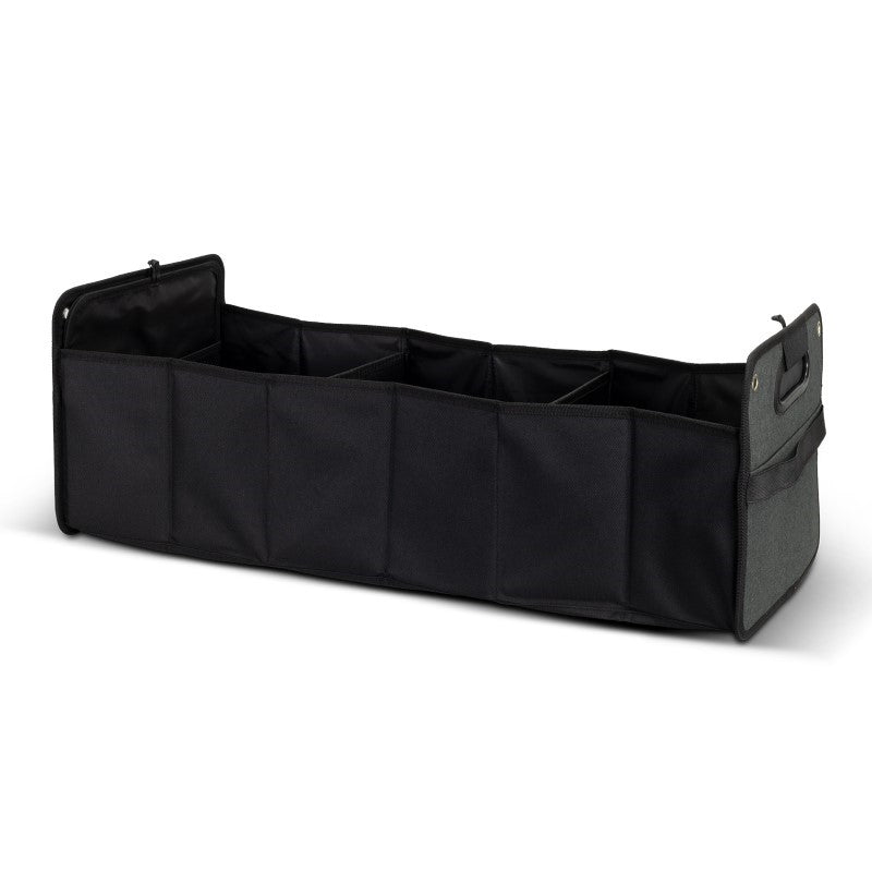 Heather Grey trunk organiser with 40L capacity, three compartments, durable polyester, and secure elastic closures for vehicle storage.