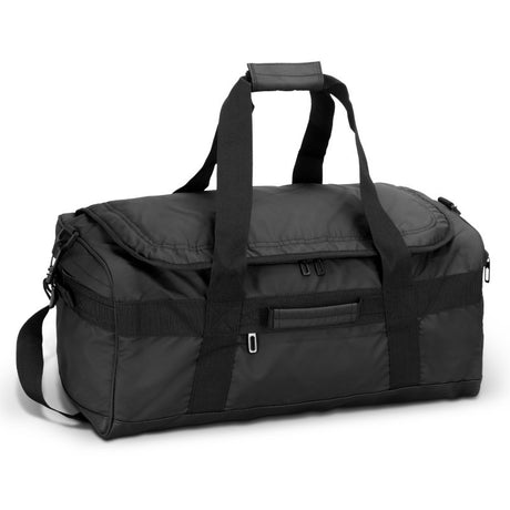 Aquinas 50L black duffle bag with water-resistant material, mesh pockets, and adjustable strap for versatile travel use.