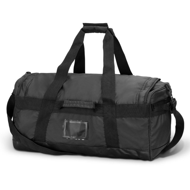 Sleek black 50L Aquinas Duffle Bag, water-resistant with organized interior, mesh pockets, and adjustable shoulder strap.