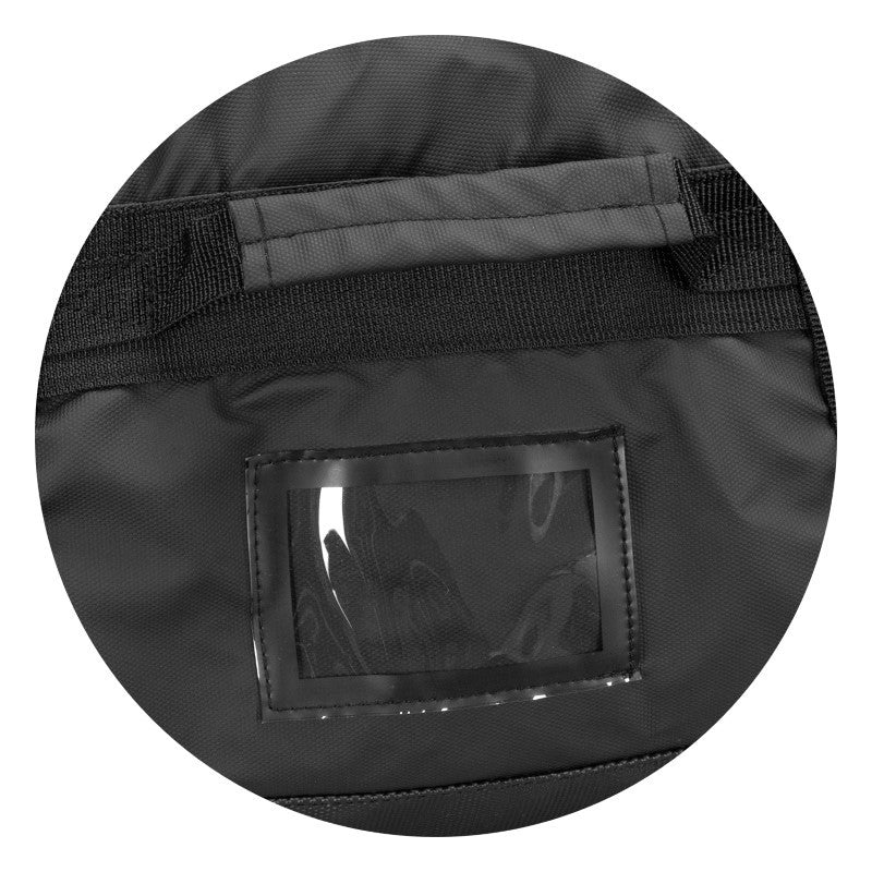 Spacious 50L black duffle bag with water-resistant fabric, mesh pockets, and adjustable shoulder strap for versatile travel.