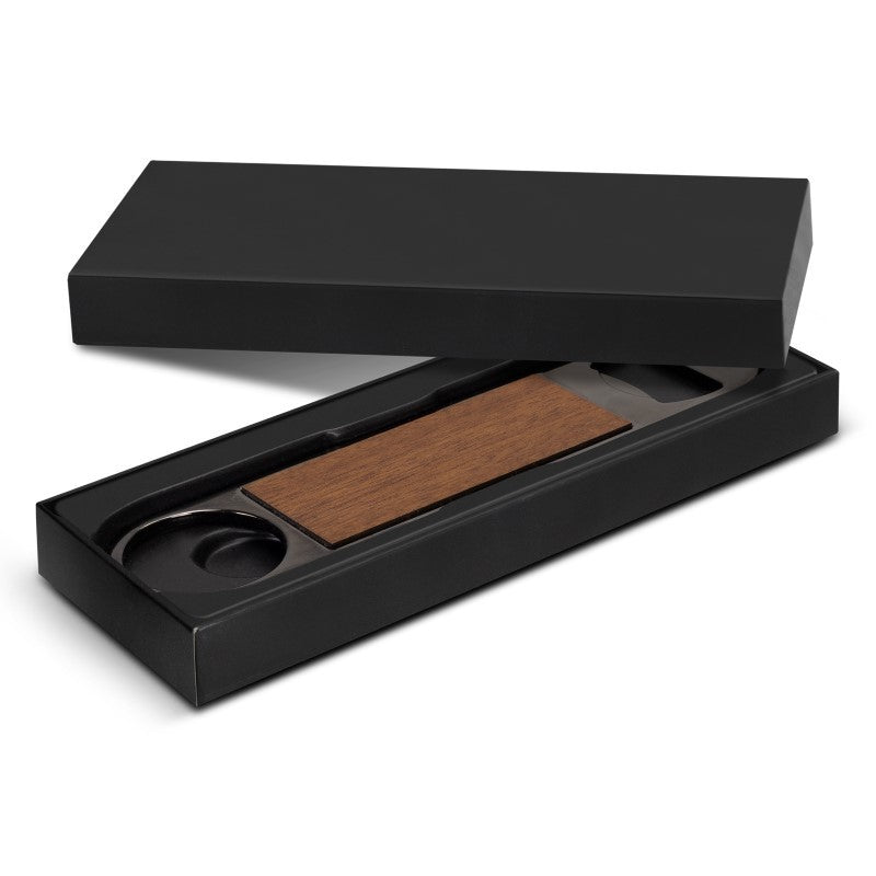 Set of 10 stylish gunmetal bottle openers with wood front and magnet, perfect for home bars or gifting.