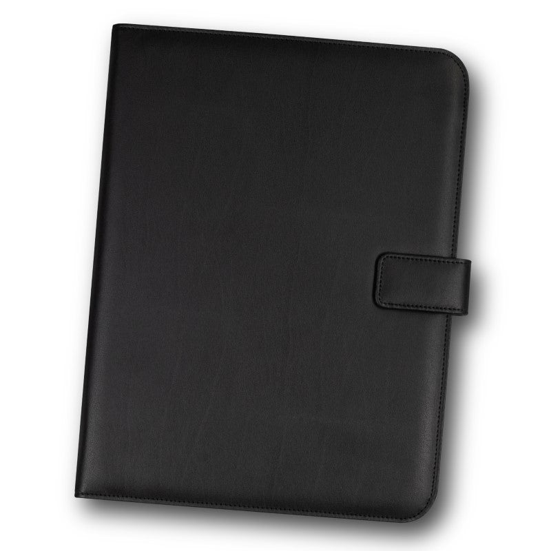 Sleek black A4 portfolio with magnetic closure, ideal for professionals; features document pocket, card holders, and notepad.