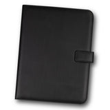 Sleek black A4 portfolio with magnetic closure, ideal for professionals; features document pocket, card holders, and notepad.