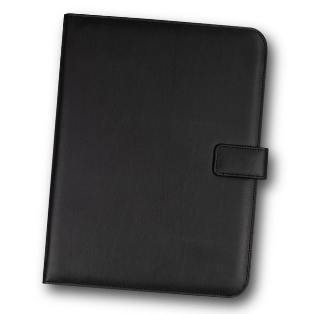 Sleek black A4 portfolio with magnetic closure, ideal for professionals; features document pocket, card holders, and notepad.