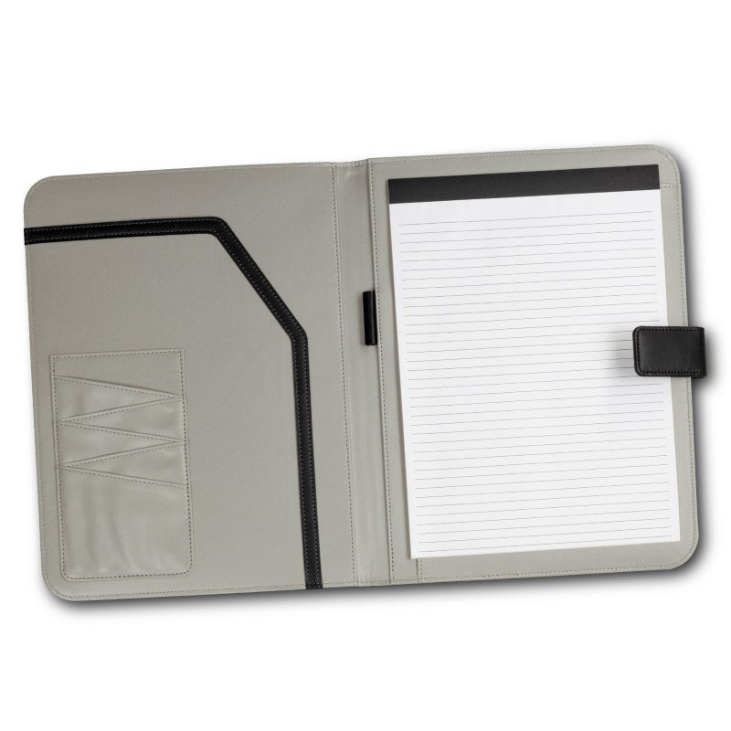 Sleek black PU leather A4 portfolio with magnetic closure, card holders, notepad, and elegant presentation sleeve.