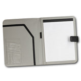 Sleek black PU leather A4 portfolio with magnetic closure, card holders, notepad, and elegant presentation sleeve.