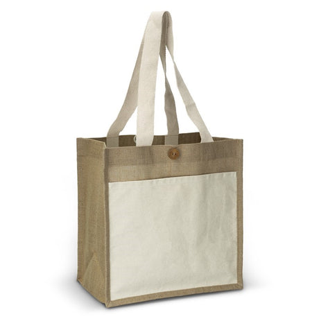 Set of 10 eco-friendly jute tote bags with wooden button closure, cotton pocket, and comfortable carry handles.