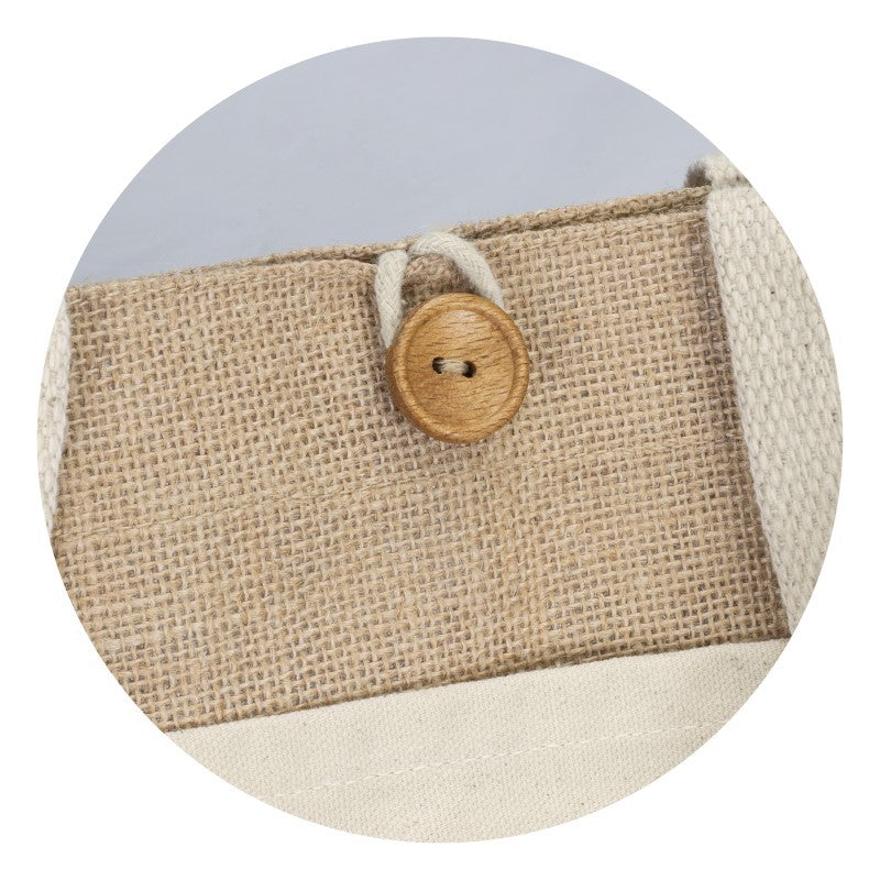 Set of 10 eco-friendly jute tote bags featuring wooden button closure, cotton pocket, and long handles for comfortable carrying.